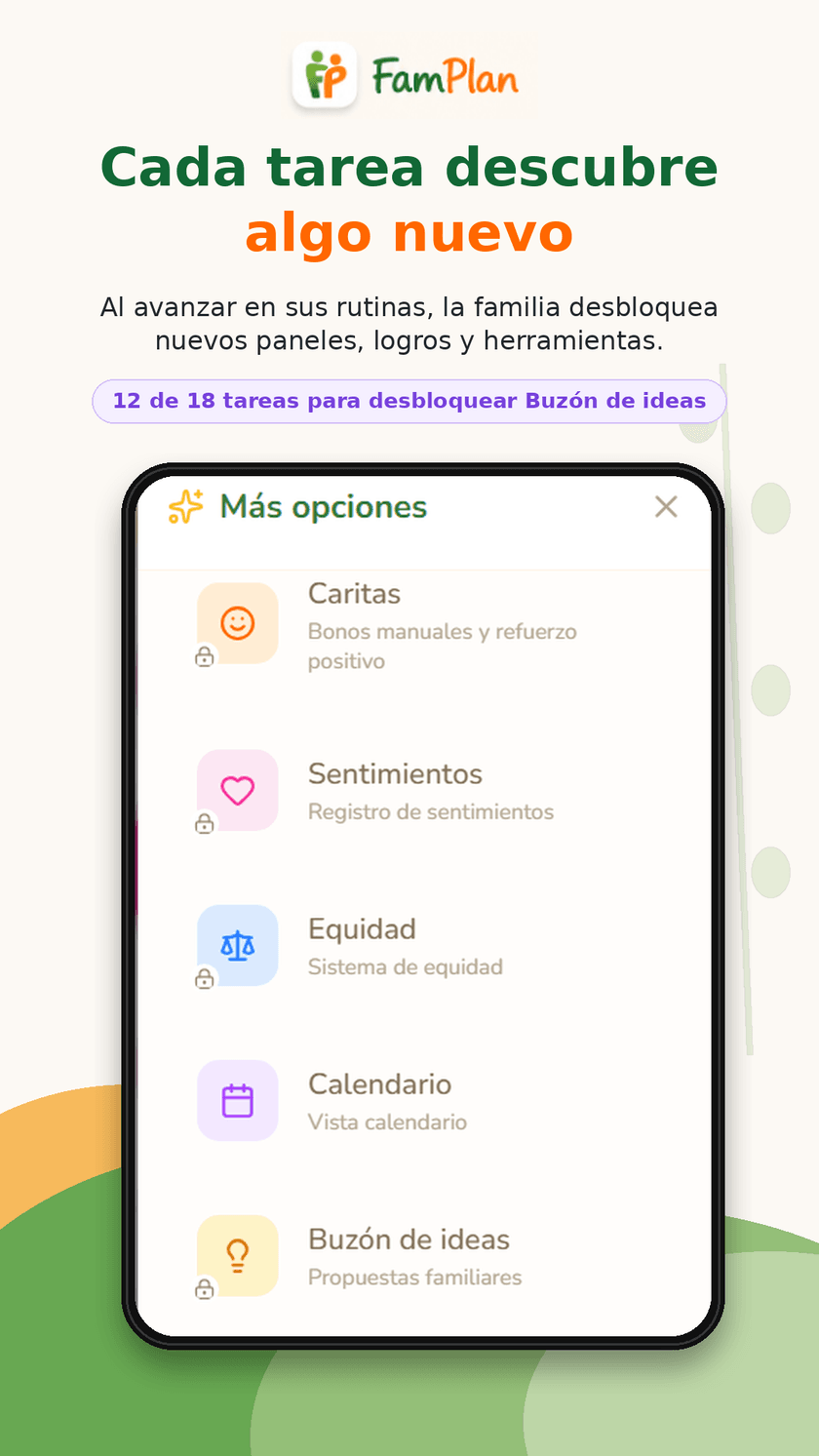 Cada tarea permite descubrir nuevas herramientas de FamPlan